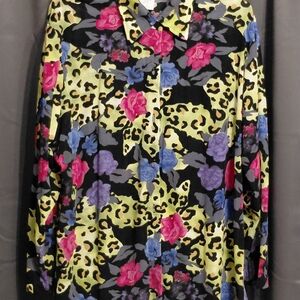 Jessica holbrook Vibrant Floral and Leopard Print Button Down Shirt